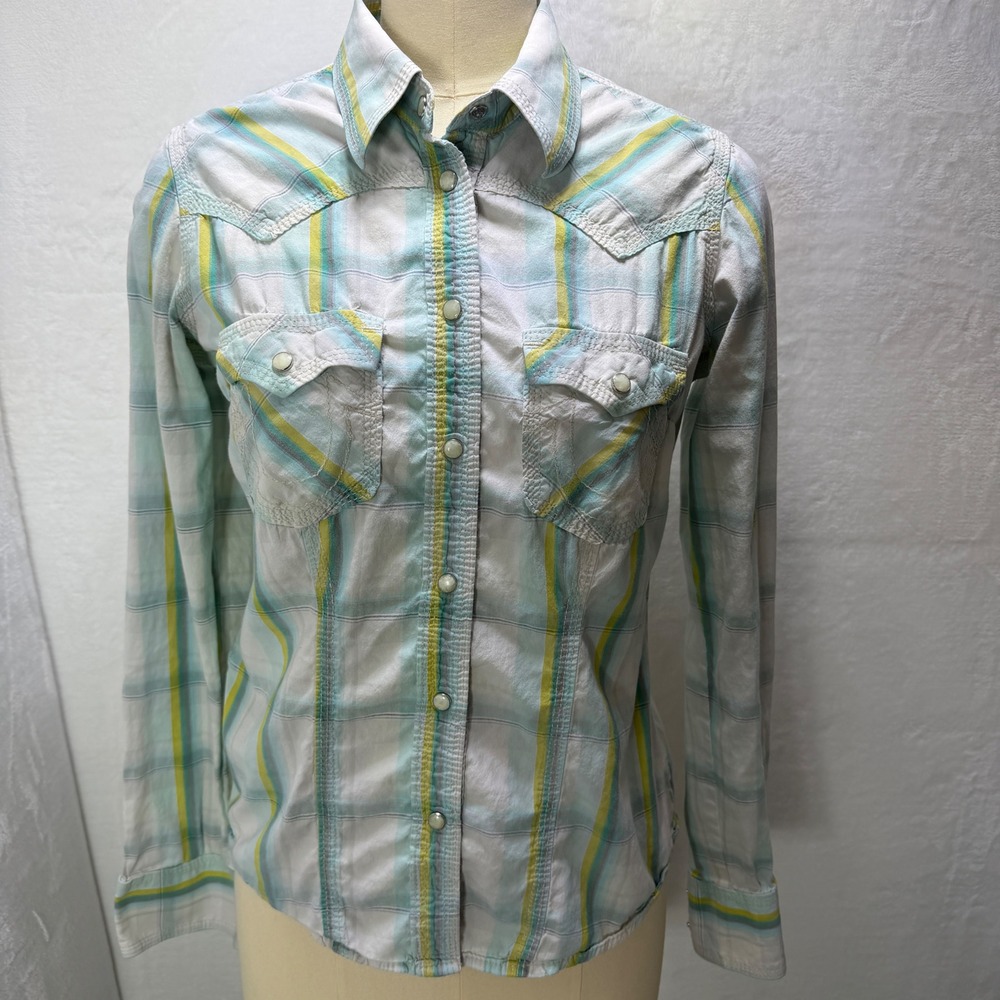 True Religion M Womens Plaid Western Pearl Snap Shirt Turquoise Yellow Rodeo Y2K
